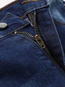 SHEIN TWEEN BOY 百搭休闲现代街头学院风猫须破洞可调节腰部弹性五口袋紧身牛仔裤，全年百搭时尚牛仔必备品 - 深色水洗藍 - 查看 6