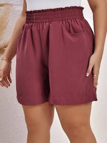SHEIN LUNE Talla grande Shorts de cintura con volante con bolsillo oblicuo - Color caoba - Ver 3