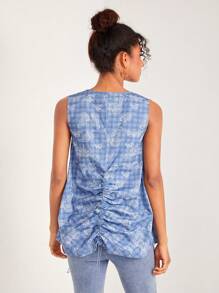 YONGYI 设计师波西米亚风蝴蝶和格子印花镂空褶皱前衬衫，适合夏季、假日、度假、春季、海滩、节日、伊比沙岛