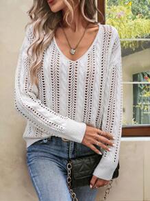 SHEIN LUNE Solid Pointelle Knit Drop Shoulder Sweater - White - View 3