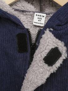 SHEIN 男小童翻蓋口袋毛絨內襯連帽燈芯絨大衣 - 黑色 - 查看 4