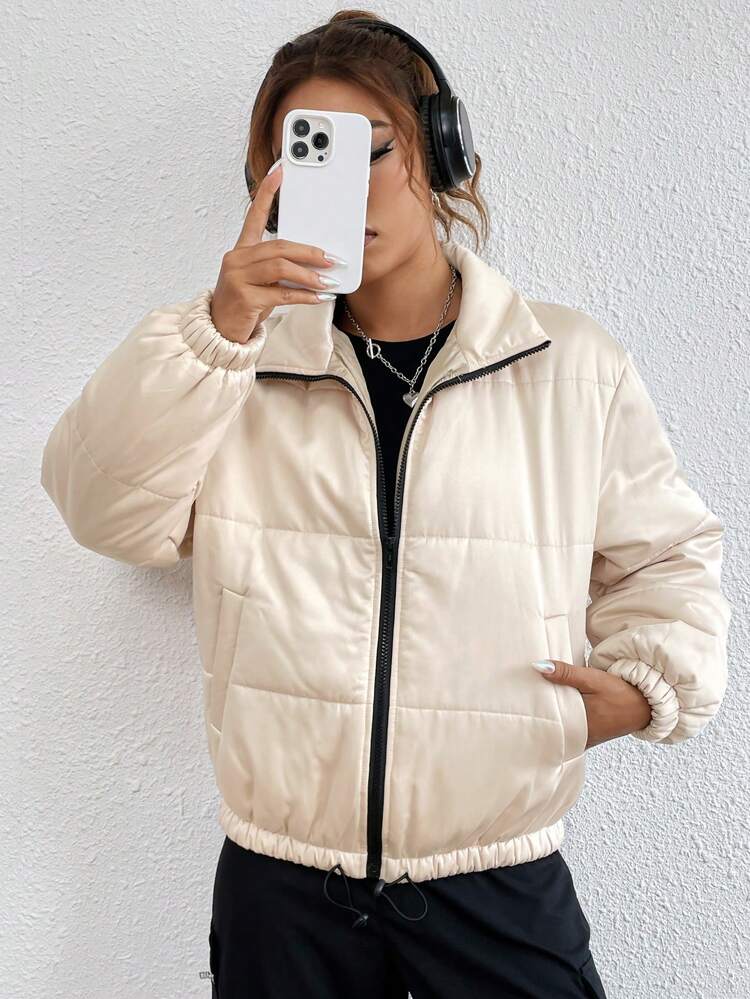 Zip Up Slant Pocket Puffer Padded Coat