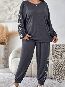 SHEIN LUNE 大碼星星印花落肩袖衛衣和衛褲 - 深灰色 - 查看 3