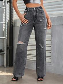 SHEIN Essnce Chất rắn Rách Quần legging thẳng - Màu xám đen - Xem 1