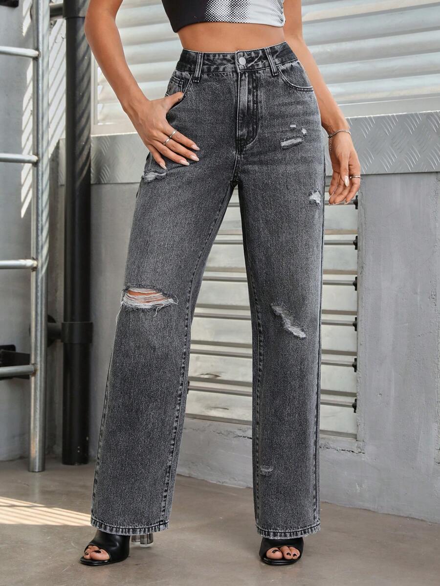 SHEIN Essnce Chất rắn Rách Quần legging thẳng - Màu xám đen - Xem 1