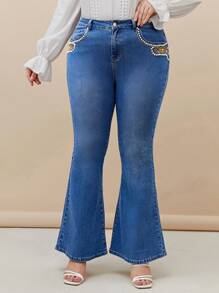 Mulvari 大碼花卉刺繡牛仔喇叭褲 - 中等水洗藍 - 查看 4