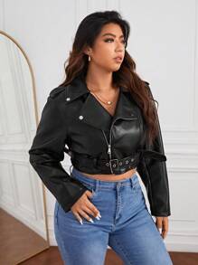 SHEIN Essnce Plus Zip Up PU Leather Moto Jacket Winter Fall Autumn - Black - View 6