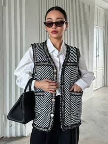 DAZY 条纹印花毛边双口袋背心外套（不含衬衫）女式夹克，秋季女装 - 黑色 - 查看 5