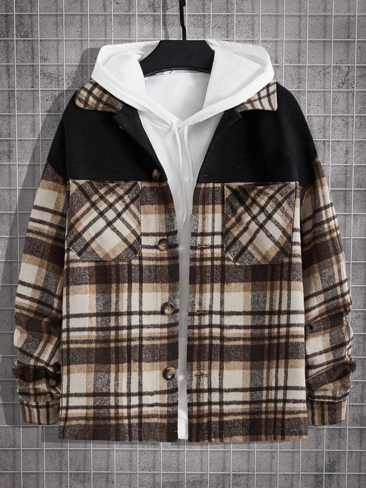 Loose Fit Men's Plaid Print Drop Shoulder Pocket Patchwork Overcoat Without Hoodie, For Fall Winter