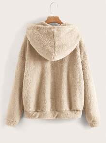 SHEIN LUNE Drop Shoulder Drawstring Hooded Teddy Jacket - Camel - View 2
