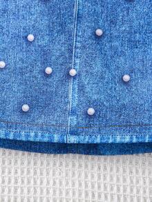 SHEIN Young Girl Pearls & Denim Effect Print Skirt