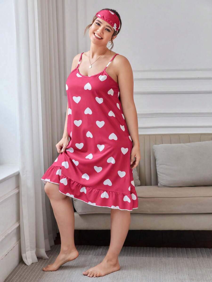 Plus Allover Heart Print Cami Night Dress With Eye Cover - Rose Red - View 1