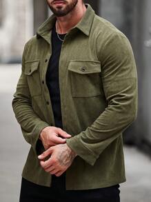 Manfinity Homme Men Flap Pocket Corduroy Shacket - Army Green - View 8