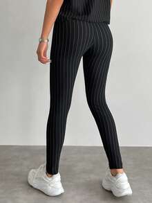 EURMUSE Striped Print Skinny Pants - Black - View 2