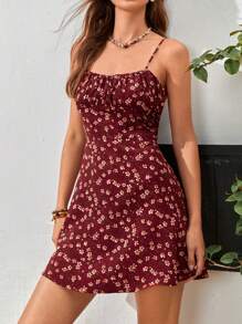 Soleia 碎花胸部褶皺吊帶連衣裙 - 酒紅色 - 查看 1