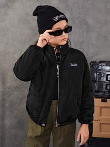 SHEIN Tween Girl Letter Patched Detail Drop Shoulder Padded Coat - Black - View 4