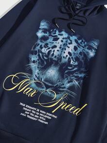 ROMWE MEN Street Life Men Slogan & Leopard Print Drawstring Hoodie - Navy Blue - View 4