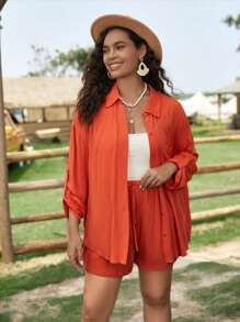 SHEIN VCAY Bộ thời trang Plus Size Dây kéo Túi Nút phía trước màu trơn Giải trí - Rỉ Nâu - Xem 4