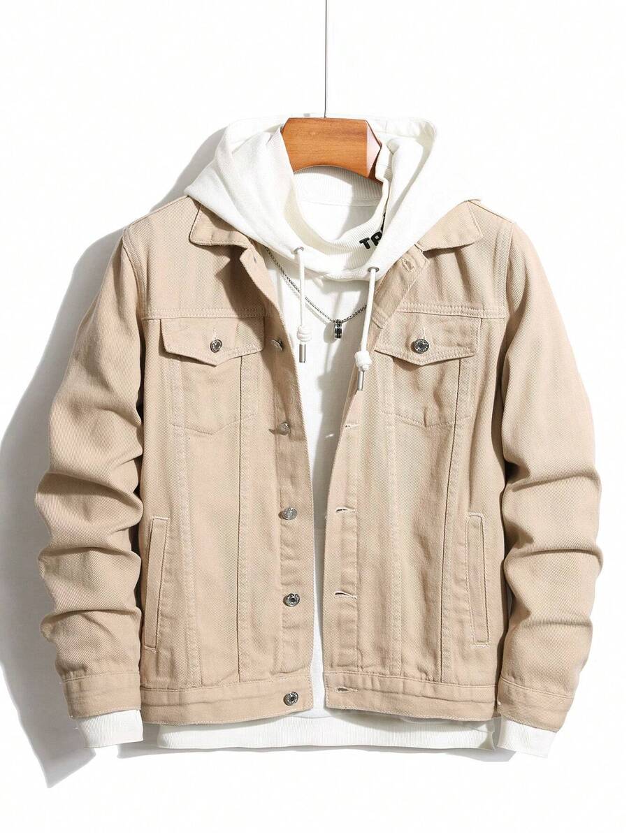 Manfinity Homme 男士长袖翻盖口袋牛仔夹克（无帽），秋季款 - 卡其色 - 查看 1