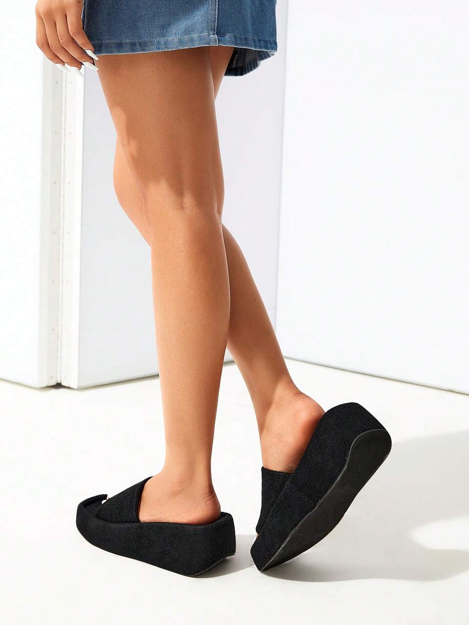 Women Minimalist Single Band Wedge Slide Sandals, Elegant Black Sandals