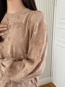 DAZY 提花灯笼袖锁眼背心衬衫秋季上衣长袖上衣 - 卡其色 - 查看 2