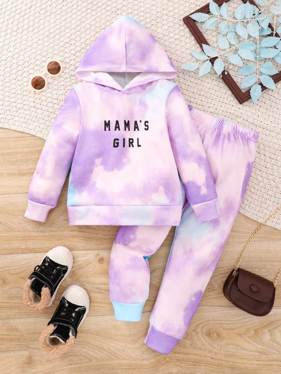 SHEIN 女小童紮染字母圖案連帽衫和運動褲 - 紫色 - 查看 1