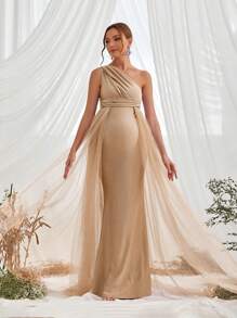 Faeriesty Dressalisa Elegant One-Shoulder Maternity Evening Dress, Mermaid Hem, Delicate Mesh Patchwork, Suitable For Photography, Baby's Full Moon Celebration, Christening, Maternity Photoshoot, And Family Gatherings Spring - Champagne - View 5
