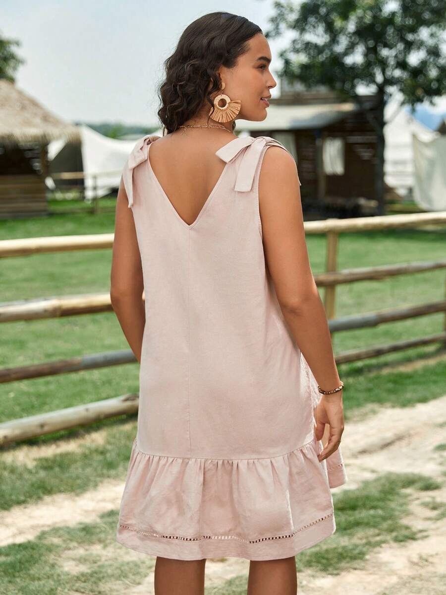 SHEIN VCAY 大碼肩上打結荷葉邊洋裝 - 杏色 - 查看 1