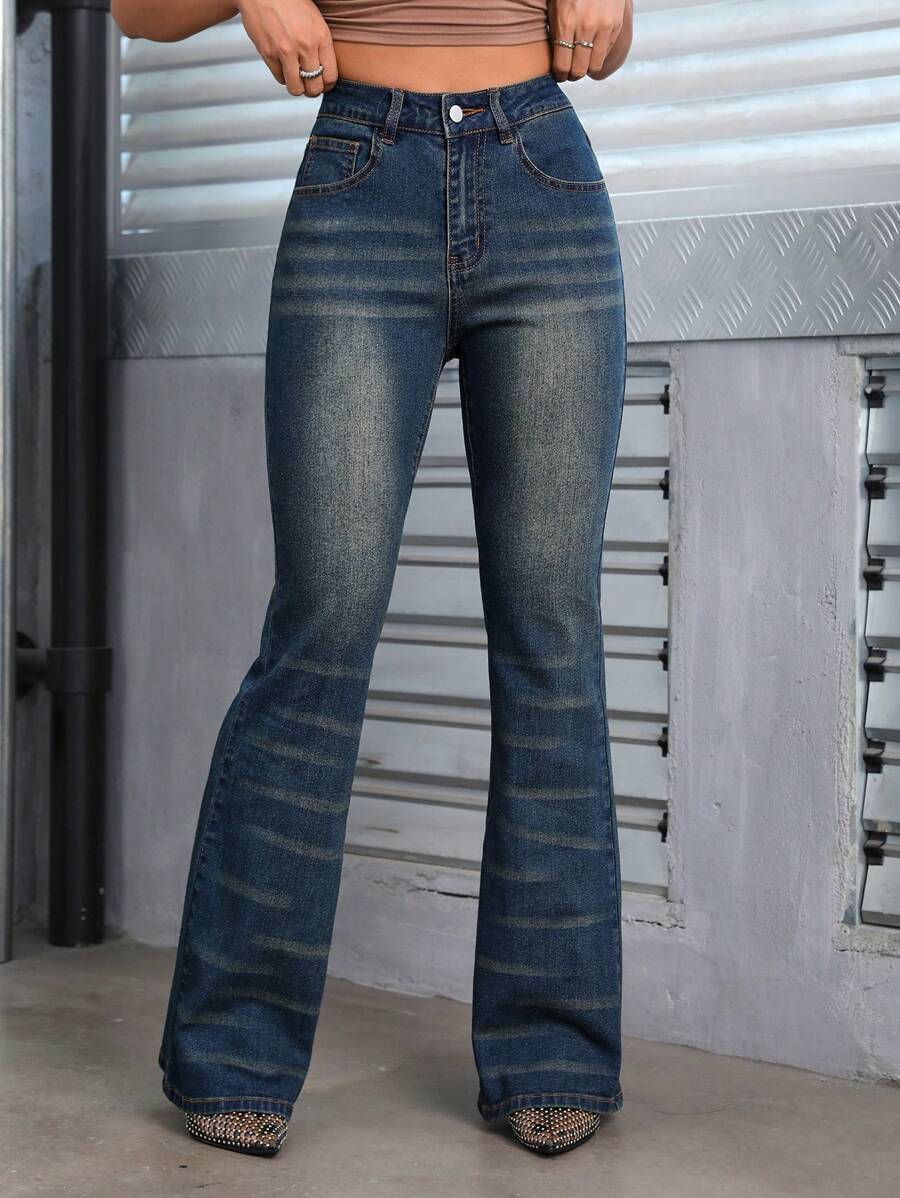 SHEIN ICON High Waist Flare Leg Jeans - Dark Wash - View 1