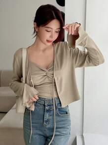 DAZY Chất rắn Mặt trước xoắn Cami ngọn & Tie Trước Áo khoác - Màu Khaki - Xem 8