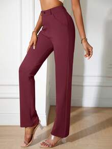Solid Straight Leg Pants - Burgundy - View 3