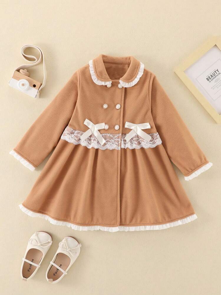 Young Girl Contrast Lace Bow Front Coat