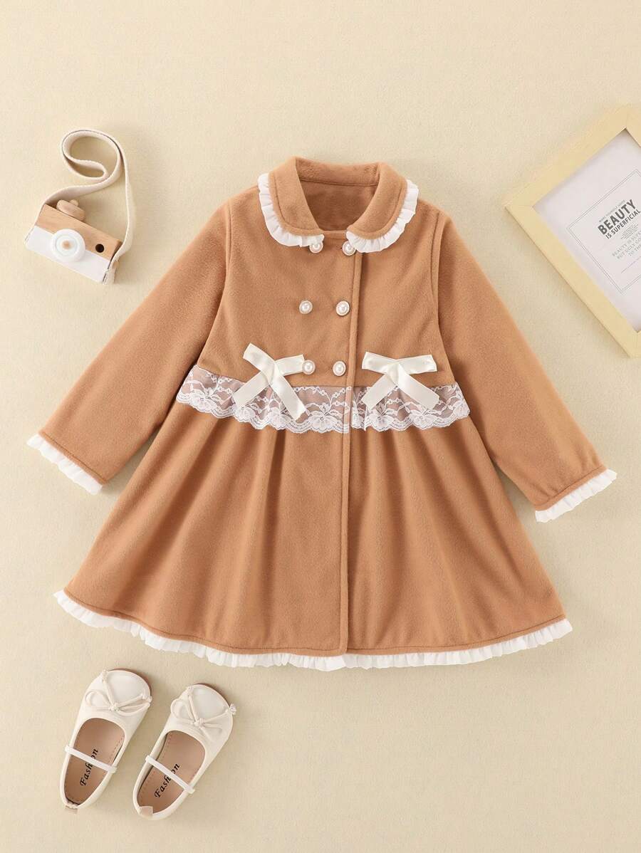 SHEIN Young Girl Contrast Lace Bow Front Coat - Khaki - View 1