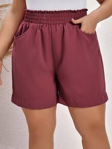 SHEIN LUNE Talla grande Shorts de cintura con volante con bolsillo oblicuo - Color caoba - Ver 5