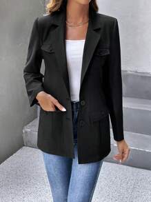 SHEIN LUNE Cổ áo Chi tiết về Flap Ngực đơn Áo vest - màu đen - Xem 5