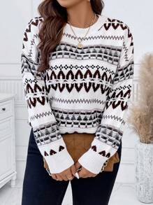 Calvaya 加大码几何图案落肩针织套头衫秋冬毛衣 - 彩色 - 查看 3