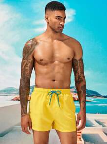 Horizaway Men Animal Print Drawstring Waist Swim Trunks - Yellow - View 4