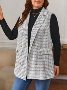SHEIN Frenchy 大碼格紋雙排釦背心大衣