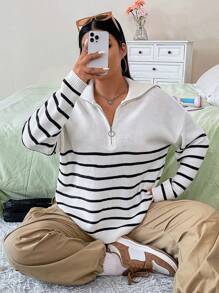 Flirla 大碼條紋圖案半拉鏈落肩袖套頭毛衣 - 黑與白 - 查看 7