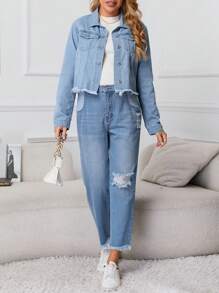 SHEIN Maternity 1pc Flap Pocket Raw Hem Denim Jacket