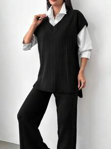 EURMUSE Split Hem Sweater Vest & Knit Pants Without Blouse - Black - View 3