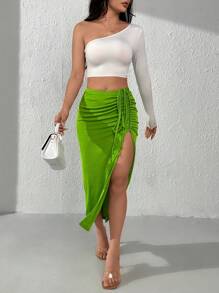 SHEIN PETITE Mặt trước dây rút Tách đùi Váy - Màu xanh chanh - Xem 3