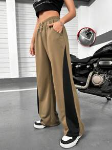 SHEIN Unity Colourblock Drawstring Waist Joggers - Coffee Brown - View 1