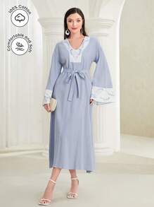 Mulvari Contrast Lace Trumpet Sleeve Belted Dress