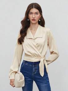 BizChic 素色側打結圍裹女士襯衫 - 卡其色 - 查看 8
