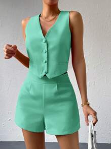 Aveloria Solid Button Front Waistcoat & Shorts  - Green - View 1