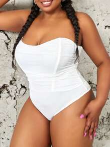 Plus Mesh Ruched Tube Corset Bodysuit - White - View 1