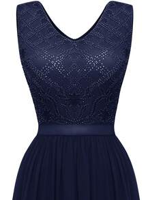 Lace Insert V Neck Maxi Party Dress - Navy Blue - View 3