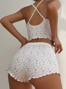 Ditsy Floral Print Lettuce Trim Cami Top & Shorts Set PJ / Set Pijama Set White