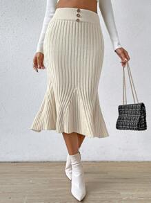 SHEIN Privé Button Detail Mermaid Hem Knit Skirt - Apricot - View 1